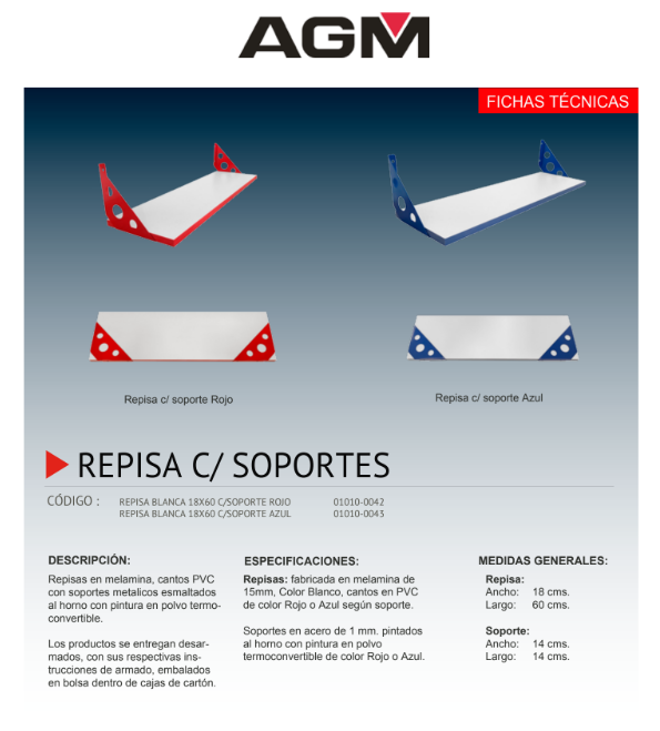 Repisa blanca 18 x 60 soporte  rojo