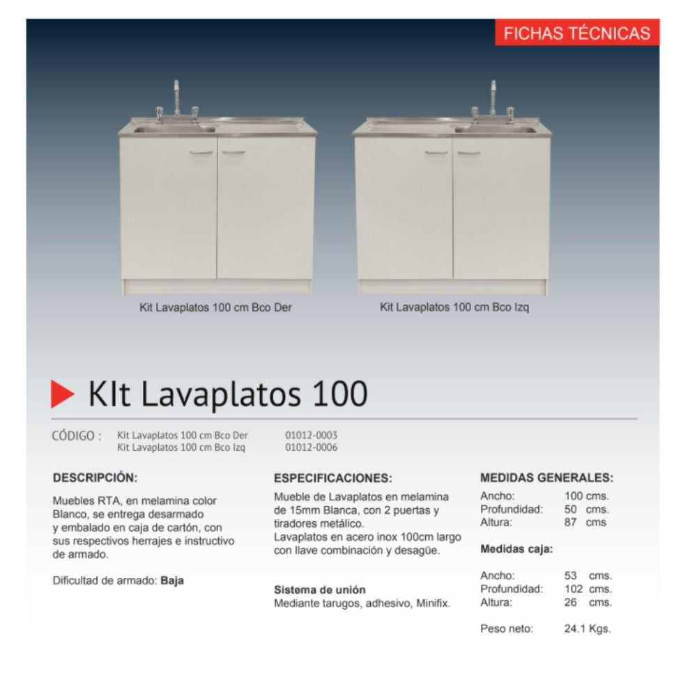 Kit Lavaplatos 100cm Blanco lado izquierdo